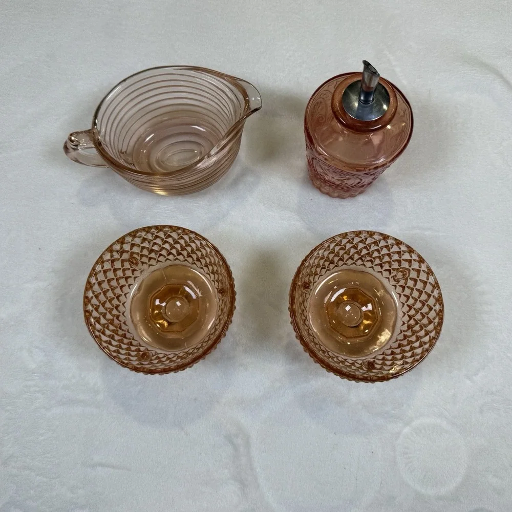 Vintage Pink Depression Glass 4pc Lot Creamer Footed Bowls Syrup Dispenser